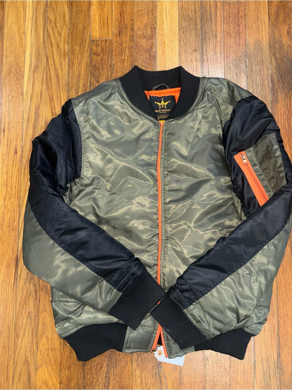 New Maxi milian Olive Green Bomber Jacket with Black Sleeves and Orange Trim